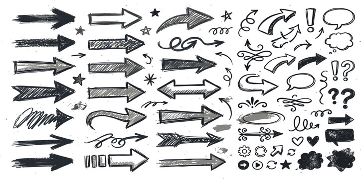 Hand Drawn Sketch Arrow Icon Set with Charcoal Doodle Pointers Speech Bubbles Swirls Question Marks and Decorative Graphic Elements for Vintage Presentation Designs