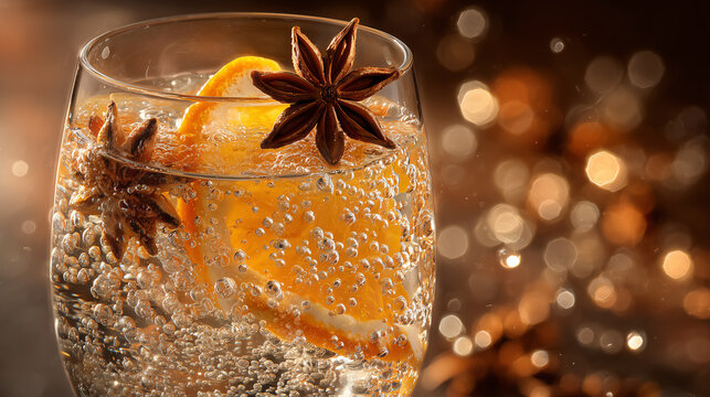 A sparkling clear cocktail in a rounded glass garnished with orange slices and star anise pods surrounded by warm festive bokeh lights