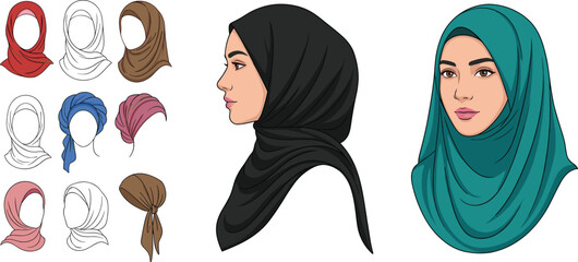 Muslim Women Hijab Collection with Diverse Headscarf Styles Female Portrait and Islamic Fashion Vector Set © MdTanvir