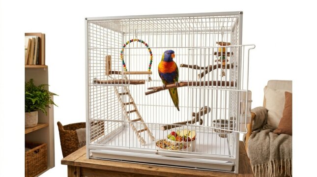 Rainbow Lorikeet Parrot in White Bird Cage Home Interior