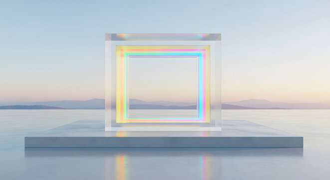 Transparent glass cube featuring a glowing rainbow neon frame displayed on a smooth concrete pedestal