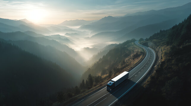 Aerial drone view of a white semi truck on a winding mountain highway at dawn with misty forested valleys stretching toward the horizon