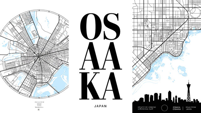 Osaka Japan map and typographic design with city skyline white background illustration urban cartography geography travel tourism cityscape typography
