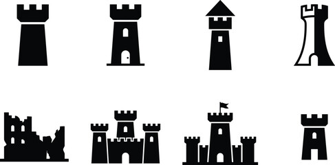 Medieval Castle Tower and Fortress Silhouette Icons Set Collection for Architecture Defense and Historic Landmark Design © MdTanvir