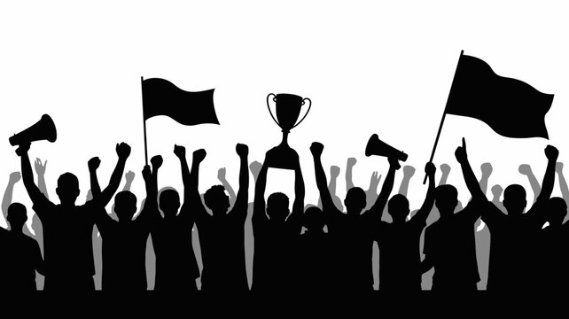 Crowd silhouette with raised arms and trophy on a white background celebrating a victory celebration silhouettes triumph winning teamwork