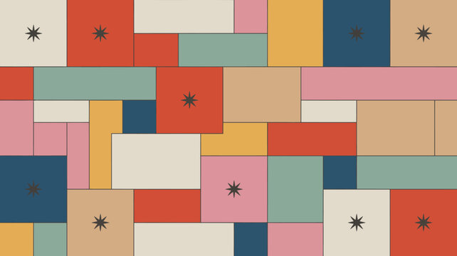 Rectangular patchwork pattern with starburst accents presents a colorful geometric arrangement abstract background block color composition contemporary design graphic