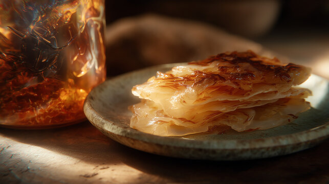 Macro close up of a thick layered kombucha scoby culture resting on a ceramic plate beside a brewing jar in warm natural light