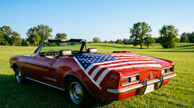 Classic red convertible car with an American flag on a sunny meadow