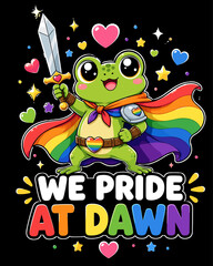 Naklejka premium Cute Rainbow Frog Knight Pride Graphic with Sword, Cape and Bold Dawn Typography