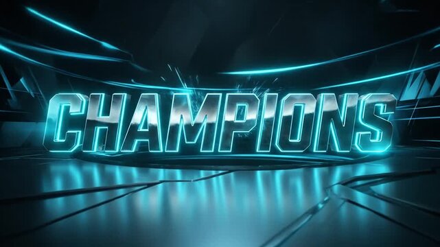Dynamic 3D render of the word CHAMPIONS glowing with neon blue light under dramatic lighting and futuristic effects