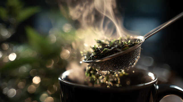 Close-up of a mesh tea strainer lifting damp steeped leaves above a steaming dark mug with soft golden bokeh behind