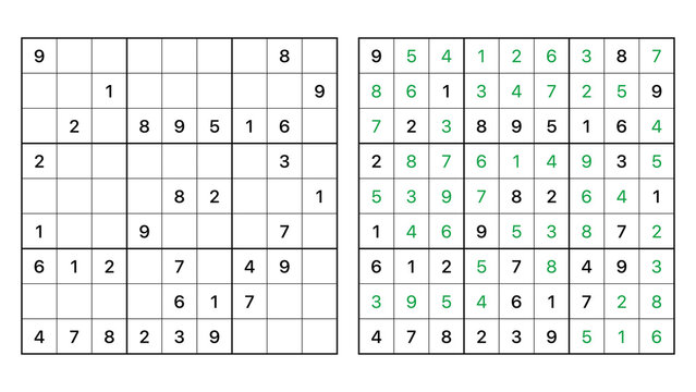 Puzzle sheet featuring unsolved and solved sudoku