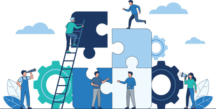 Business teamwork concept with tiny people connecting jigsaw puzzle pieces and gears for strategic corporate success and partnership