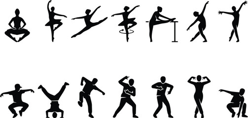 Ballet Hip Hop Dance Silhouette Set Ballerina Breakdance Leap Spin Barre Pose Vector Collection © AponChandro