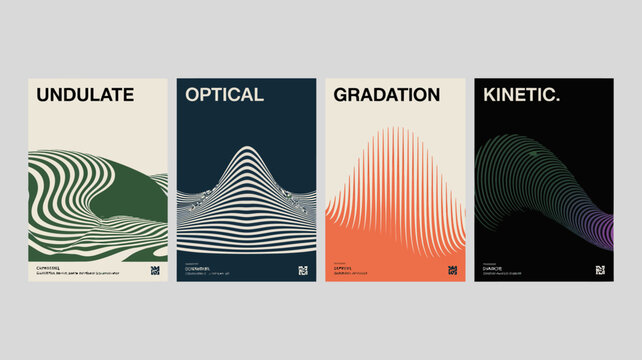 Four abstract wave patterns with text overlays on a white background showcasing different styles pattern linear design geometric gradient
