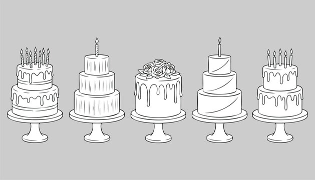 Birthday cake vector icon set containing flat celebration wedding outline dessert graphics for coloring