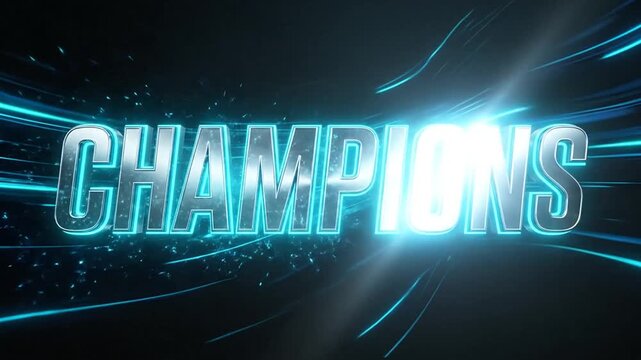 Sleek Metallic Champions Text Animation with Energetic Neon Blue Trails and Particle Effects