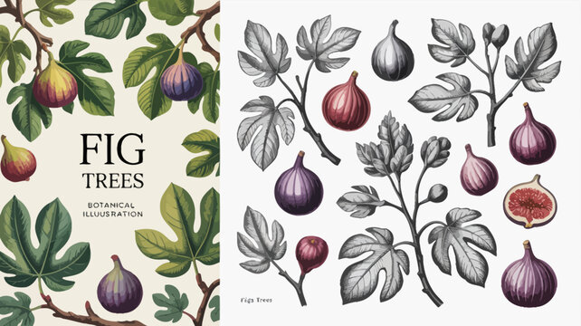 Fig trees botanical illustration showcases detailed depictions of fruit leaves and branches on a cream background figs ficus fruits