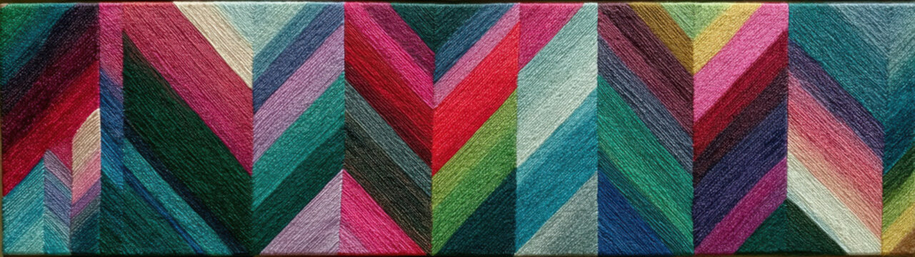 A long panoramic banner showcases an intricate bargello embroidery pattern, featuring tightly stitched threads forming sharp chevron and zigzag stripes in a vibrant array of colors