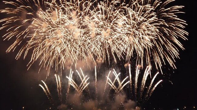 Vibrant blue and gold fireworks burst against dark night sky celebration display
