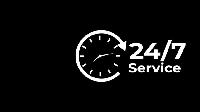 24 7 service clock animation on transparent background with alpha channel. 24 hours and 7 days service available. Continuous non stop service hours clock rotation motion.