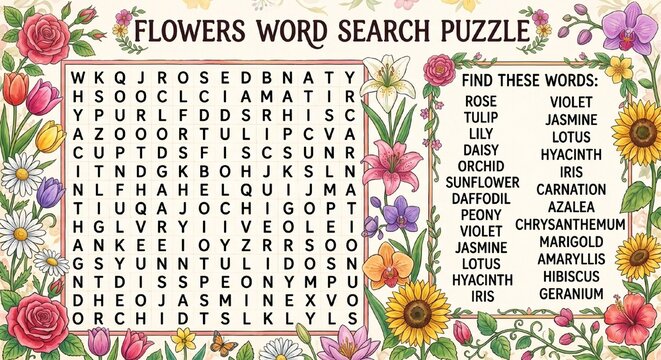 Flowers word search puzzle with colorful floral border design  