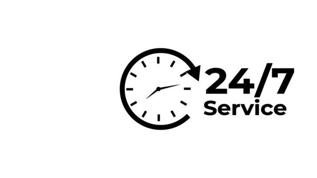24 7 service clock animation on transparent background with alpha channel. 24 hours and 7 days service available.