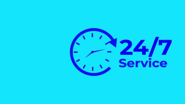 24 7 service clock animation on transparent background with alpha channel. Continuous non stop service hours clock rotation motion.