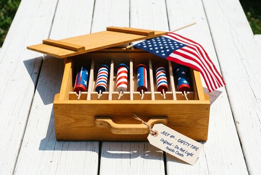 Wooden box of decorative fireworks with an American flag