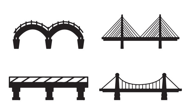 Four Different Types Of Bridges Silhouettes For Architecture And Transportation Concepts