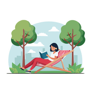 Woman relaxing in a deck chair reading a book in a park