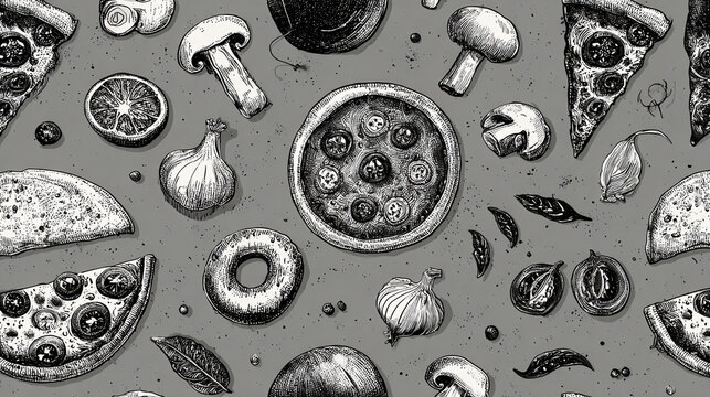 Hand drawn black and white vintage style illustration of pizza slices and ingredients.