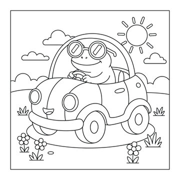 Frog coloring page featuring a cool smiling toad wearing sunglasses driving a round car on a sunny day for Summer fun