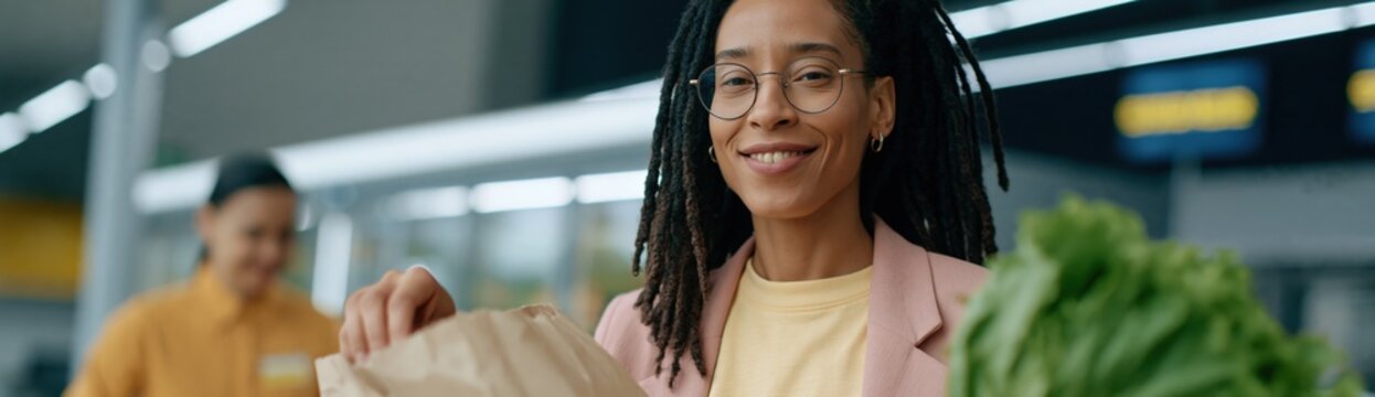 Smiling diverse customer at grocery checkout with paper bag and fresh lettuce for supermarket banner and lifestyle marketing background