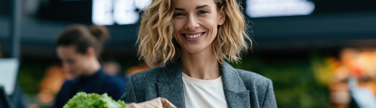 Woman holding paper bag with fresh lettuce at supermarket checkout smiling for healthy eating poster and grocery marketing background