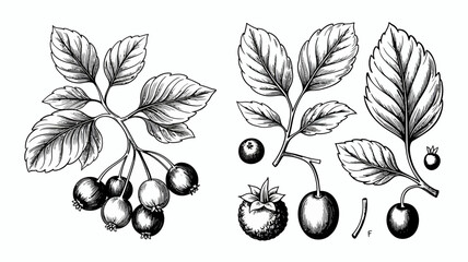 Blackthorn branches with dark berries and detailed leaves a vintage style botanical illustration sloe prunus spinosa berry fruit engraving © DesignHub