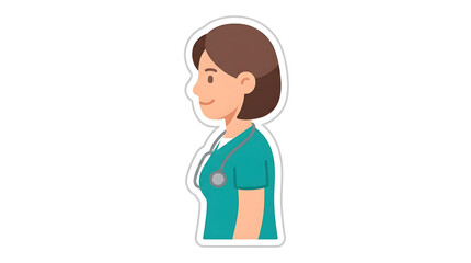Fototapeta premium Cartoon sticker of female healthcare professional wearing green scrubs and stethoscope.