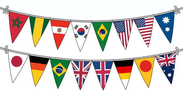 String of triangular national flags displayed against a white background representing international diversity bunting festive global multicultural celebration holiday