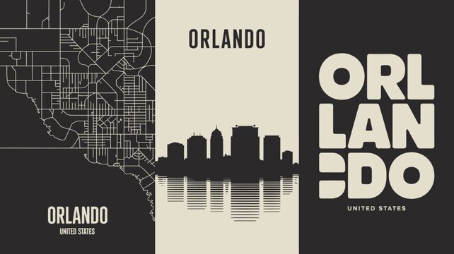 Orlando city map and skyline illustration with bold typography on a neutral background florida cityscape urban town plan street