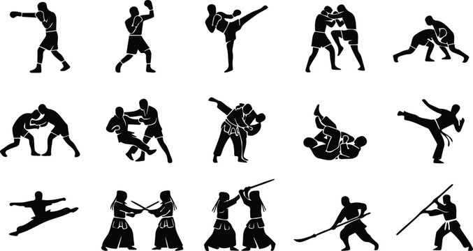 Combat Sports and Martial Arts Disciplines Icons Set with Blue Outlined Silhouette Signs on White Background