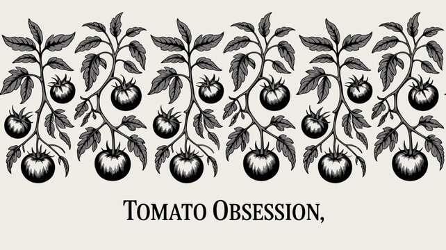 Tomato plant illustration showcases a repeating botanical pattern with dark foliage and ripe fruit tomatoes vegetable produce leaves stem