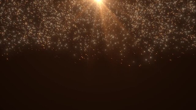 Create an awards ceremony vibe with particles, Glamorous award ceremony and fame vibe with dynamically shifting golden particles background, bokeh effect stage lights and glitter rain in 4K loop