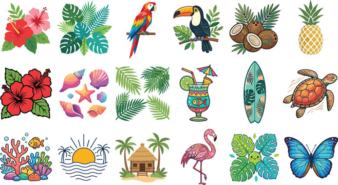 Tropical beach and summer vacation vector icon set with parrot toucan flamingo palm leaves hibiscus and sea elements isolated on white