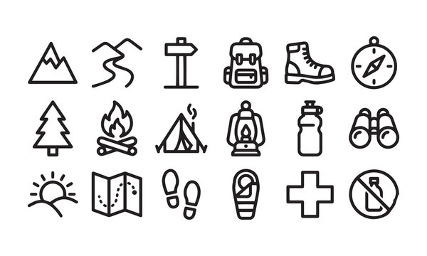 Camping and hiking icons set in line art style for outdoor adventure travel designs.