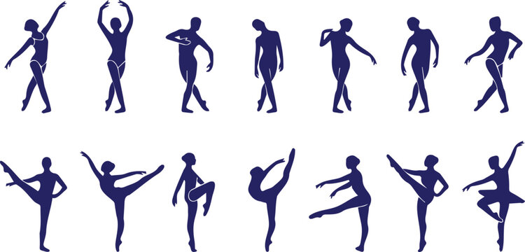 Contemporary Dance Poses and Ballet Technique Icons Set with Black Silhouette Signs on White Background