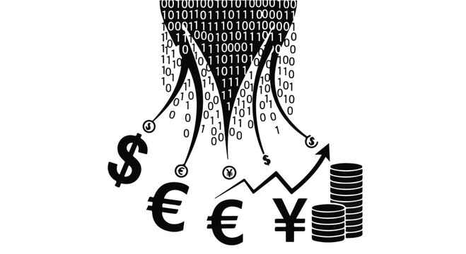 financial growth with currency symbols and binary code background