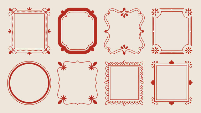 Collection Of Decorative Frames With Floral Elements A Red Vector Illustration On A Beige Background ornate vintage art border