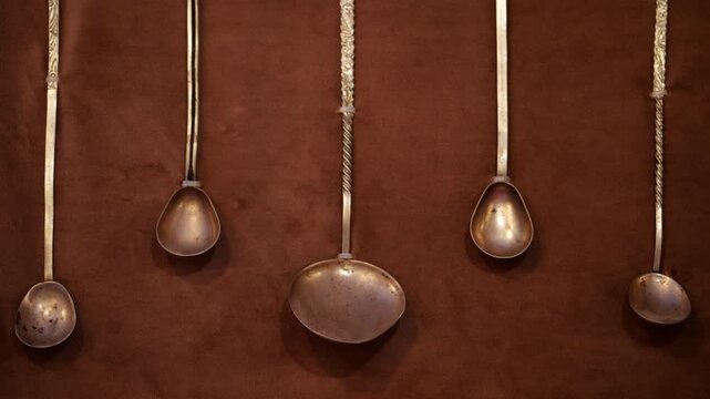 Collection of vintage metal spoons mounted vertically on a brown leather or suede display panel, framed with a gold colored border