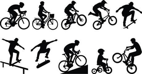 Obraz premium Cycling Skateboarding Silhouette Set Black Vector Icons BMX Bike Skater Various Poses Extreme Sport Collection