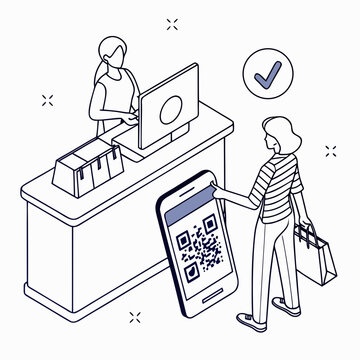 Isometric QR code payment vector illustration, customer using smartphone for mobile scan at store checkout counter, digital wallet transaction with cashier, contactless retail shopping concept.